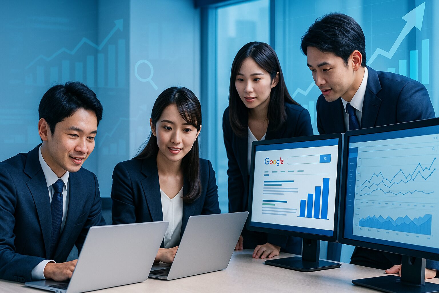 Google検索順位やSEOデータを分析する日本人ビジネスチームの会議風景（青基調のオフィス内）