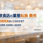 明るく清潔感のある飲食店の厨房を背景に、「飲食店の業態転換 費用」「初期投資はいくらかかる？」「回収期間・資金調達まで徹底解説」「投資回収設計」と記載したコラムのアイキャッチ画像