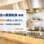 飲食店の厨房を背景に、「飲食店の業態転換 事例」「10〜20坪で成功した3モデル」などの情報パネルを重ねたLP用アイキャッチ画像