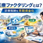 医療ファクタリングの仕組みを解説するアイキャッチ画像｜診療報酬を確認する医療機関担当者と早期資金化のイメージ
