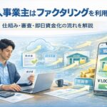 個人事業主向けファクタリングの仕組みを解説するアイキャッチ画像｜請求書を確認するフリーランスと売掛金を資金化するイメージ